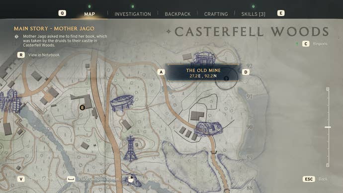 The starting location of Mother Jago is shown on the map of Casterfell Woods in Atomfall