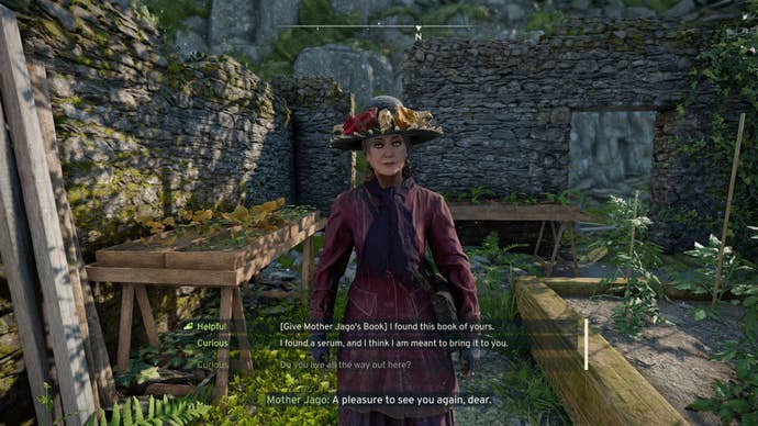 The player speaks to Mother Jago in northeast Casterfell Woods in Atomfall