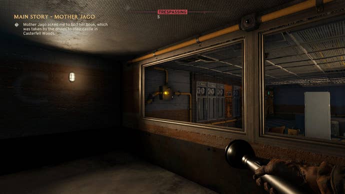 The player looks towards a power junction inside of Robotics' Power Control Beta room in Atomfall