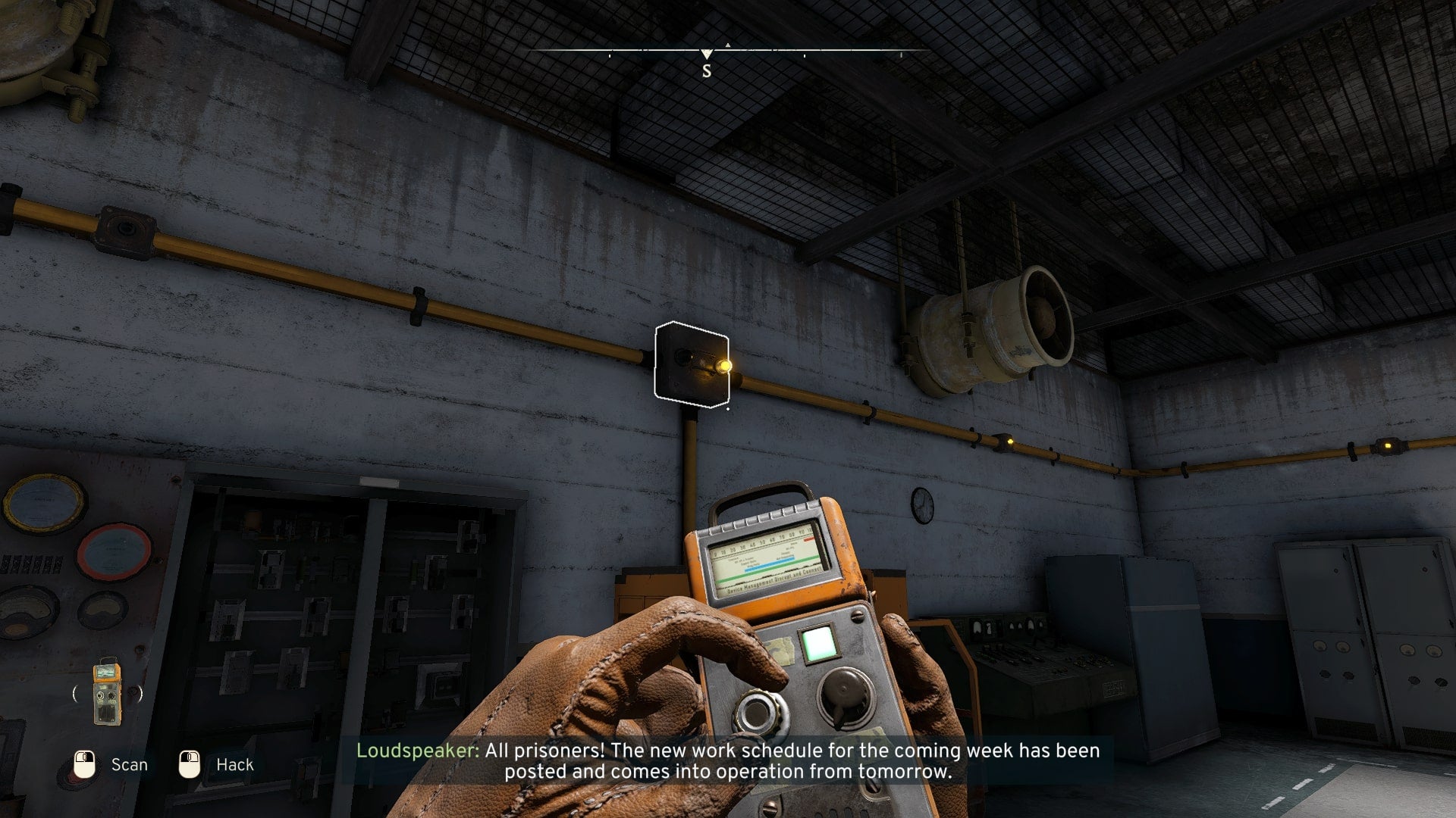 The player aims the Signal Redirector at a power junction inside of Skethermoor Prison's Electricals room in Atomfall - 4