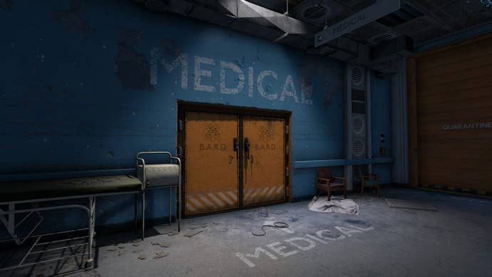The player looks at the entrance to Medical inside of the Interchange in Atomfall