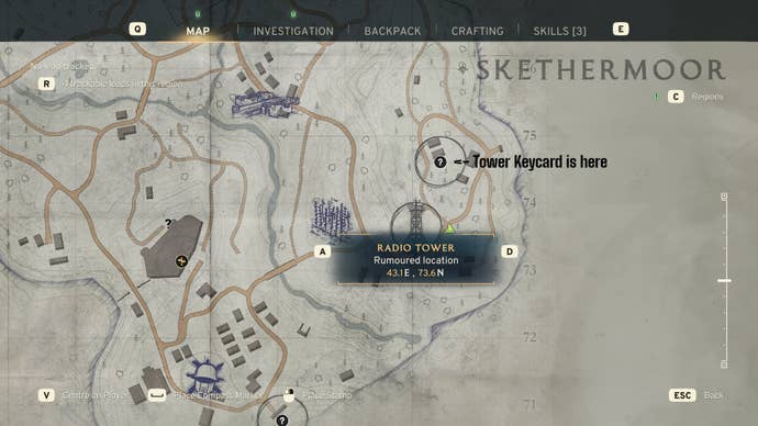 The location of where to find both the Skethermoor Radio Tower and Skethermoor Radio Tower Keycard are marked on the map in Atomfall