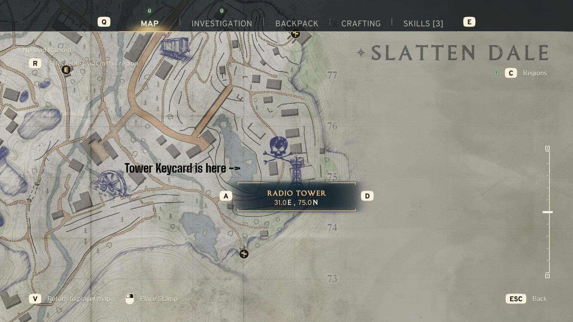 The location of where to find both the Slatten Dale Radio Tower and Slatten Dale Radio Tower Keycard are marked on the map in Atomfall - 3