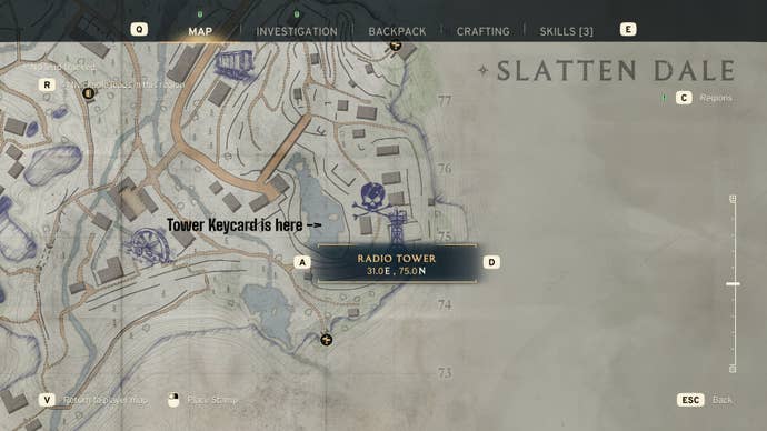 The location of where to find both the Slatten Dale Radio Tower and Slatten Dale Radio Tower Keycard are marked on the map in Atomfall