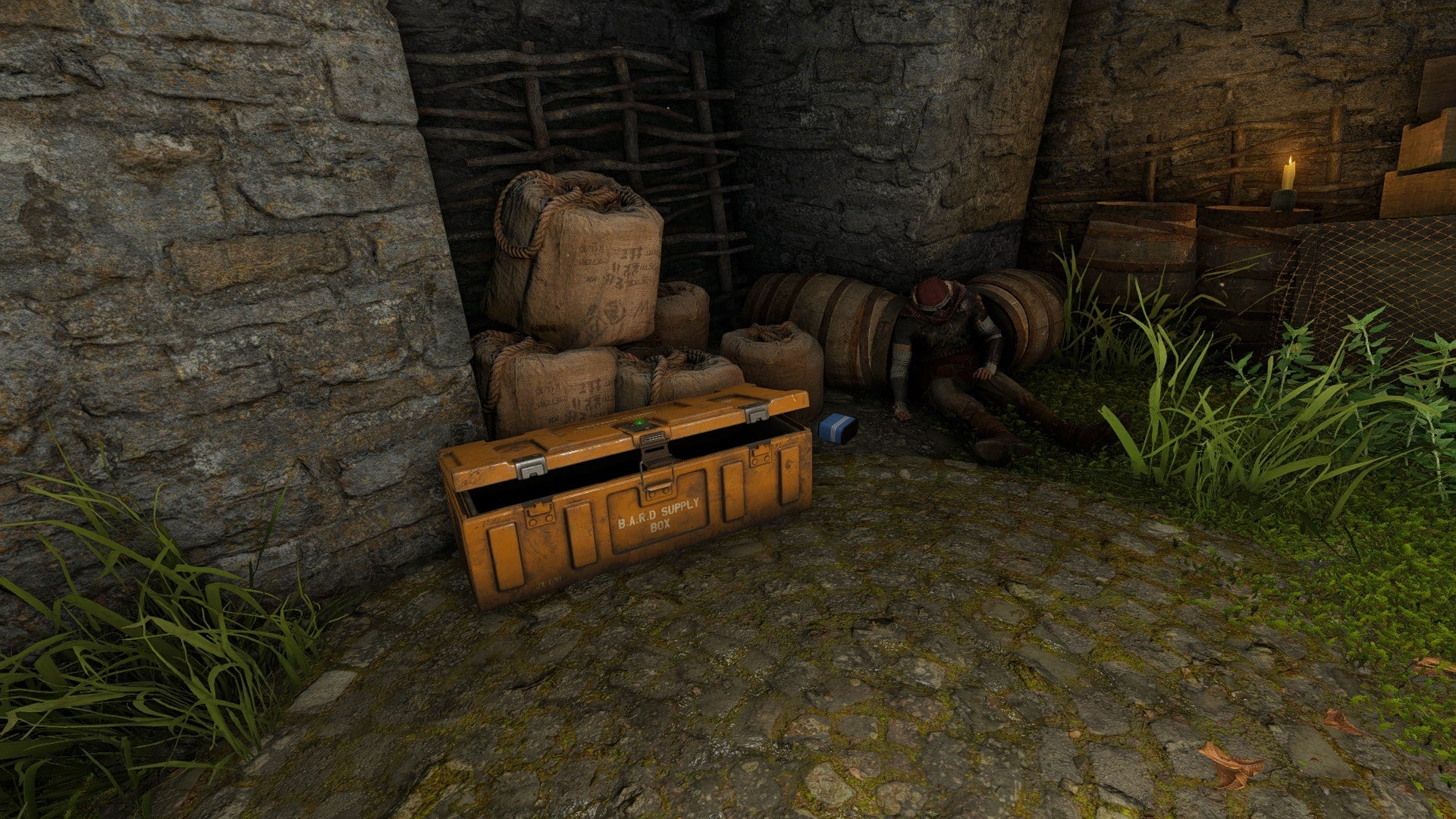 The player looks at an open BARD Crate beside a Druid corpse in the Druid's Castle Ruins in Atomfall - 3