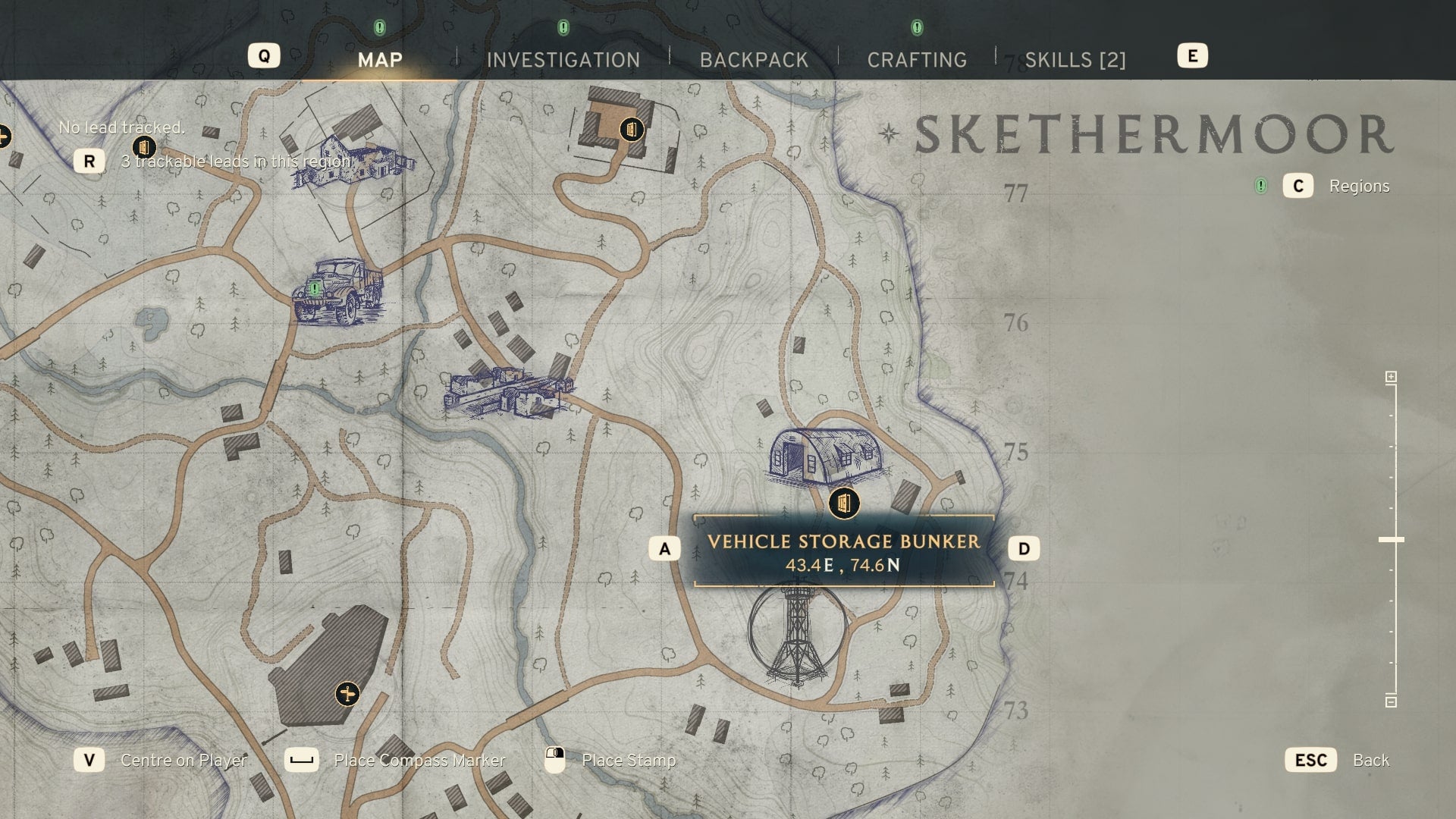 The location of the Vehicle Storage Bunker is marked on the map of Skethermoor in Atomfall - 7