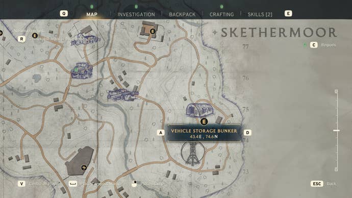 The location of the Vehicle Storage Bunker is marked on the map of Skethermoor in Atomfall