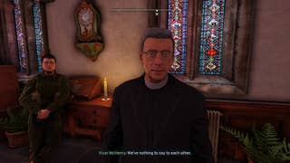 The player speaks with a rather displeased Vicar McHenry in Atomfall