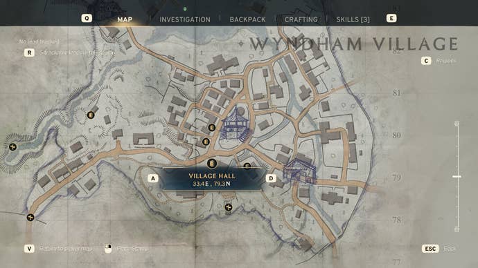 The Village Hall is marked on a map of Wyndham Village in Atomfall