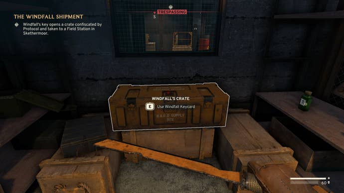The player looks at the Windfall Crate inside of the Skethermoor Protocol Field Station in Atomfall