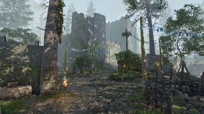 The player looks towards the Druid’s Castle Ruins in Casterfell Woods in Atomfall