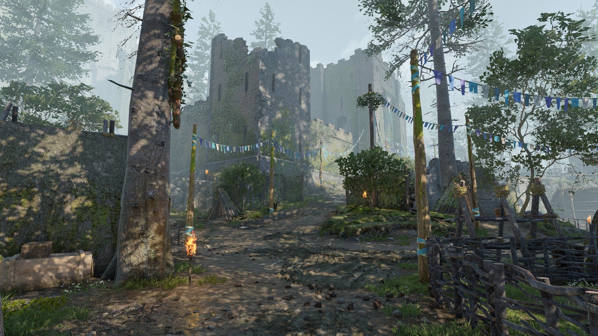 The player looks towards the Druid's Castle Ruins in Casterfell Woods in Atomfall - 1