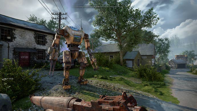 A BARD robot stands guard in Atomfall’s Wyndham village.