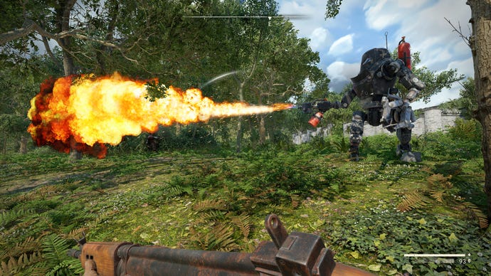 A flamethrower robot burns an outlaw to a crisp in Atomfall.