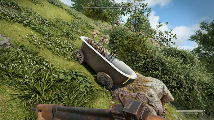 In Atomfall, three skeletons sit in a wheeled (and crashed) bathtub.