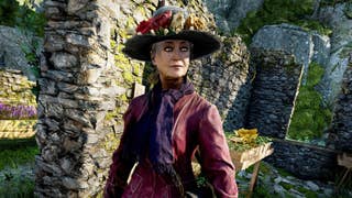 Atomfall screenshot showing a lady wearing a floral hat standing inside a ruined building