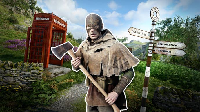 An English village backdrop, featuring a red phonebooth and a directions sign, with a threatening looking man carrying an axe in the foreground.