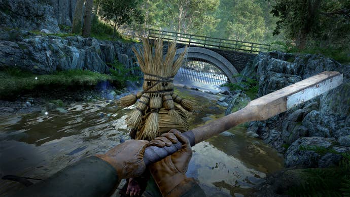 A straw-hatted druid is about to be bonked on the head by a wooden club.