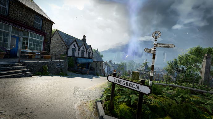 A pretty English street with a burning nuclear reactor in the distance.