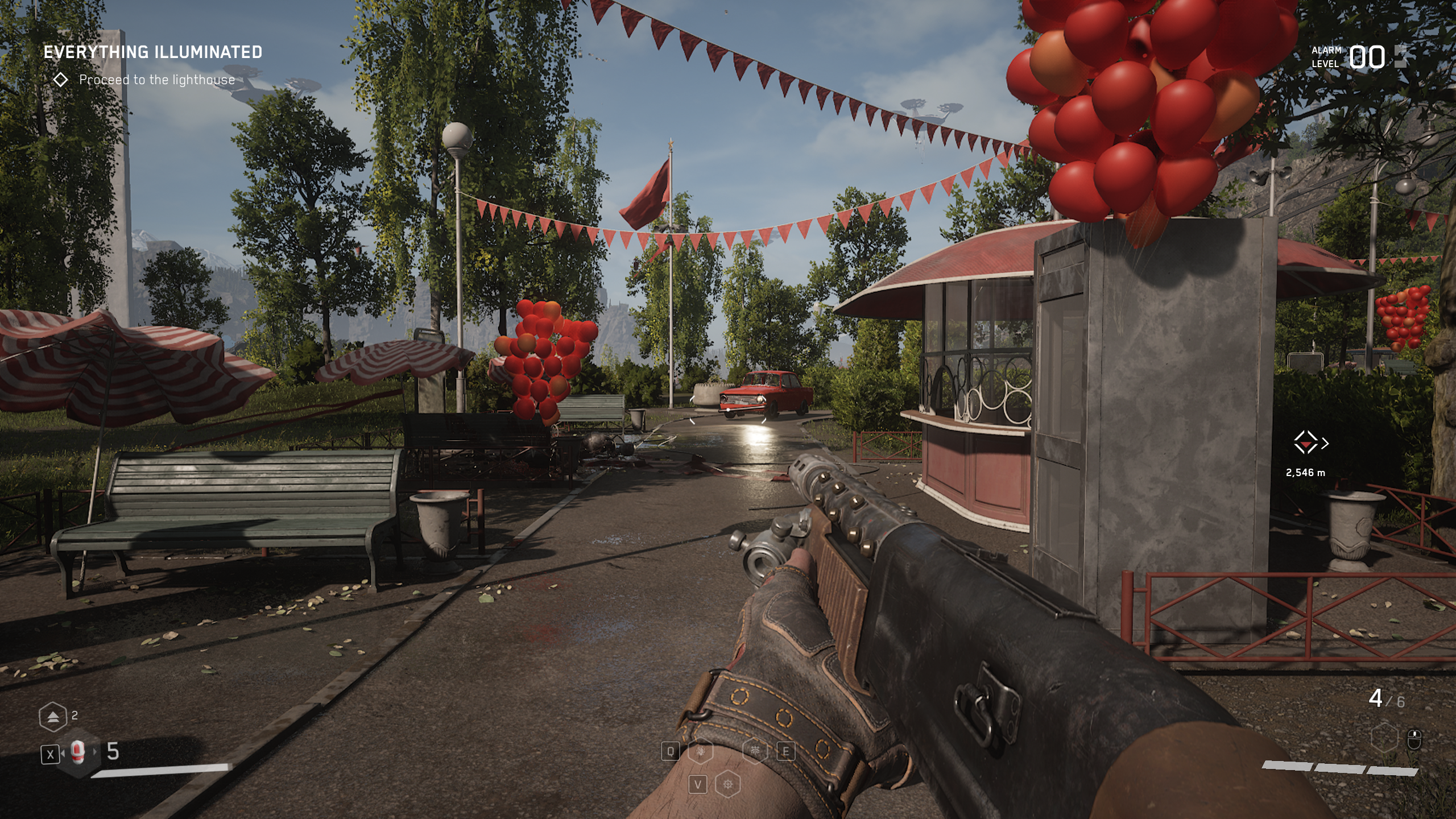 An outdoor scene in Atomic Heart showing AMD FSR upscaling in effect.