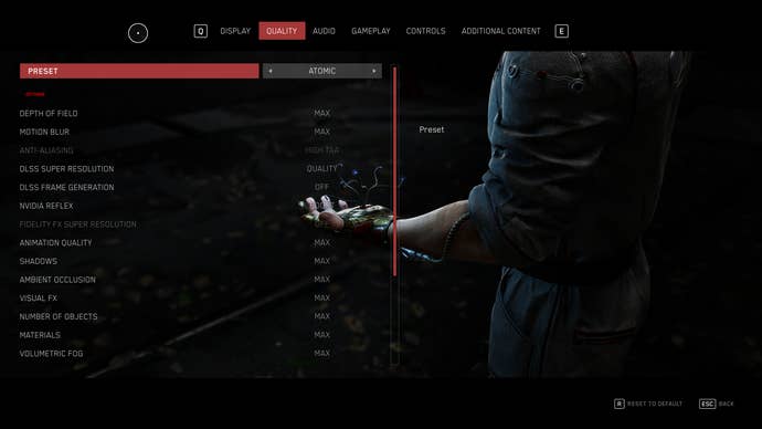 Atomic Heart’s graphics setting menu on PC.