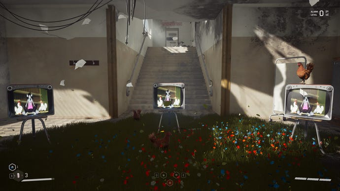 A strange dream sequence in Atomic Heart, showing three Soviet-era televisions sat on a patch of grass.