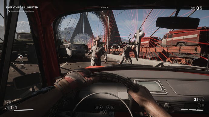 Driving down a zombie-infested bridge in Atomic Heart.