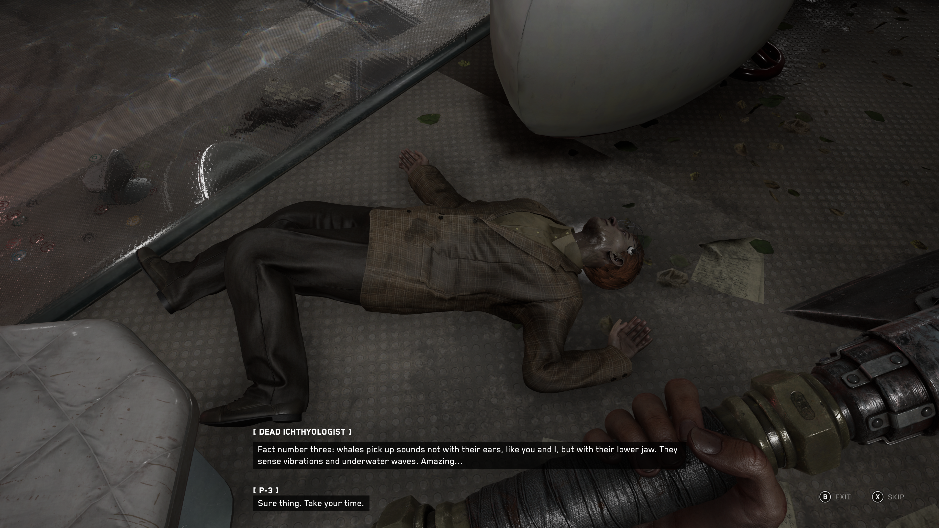 Atomic Heart review - a dead body on the floor having a chat with you via its THOUGHT device