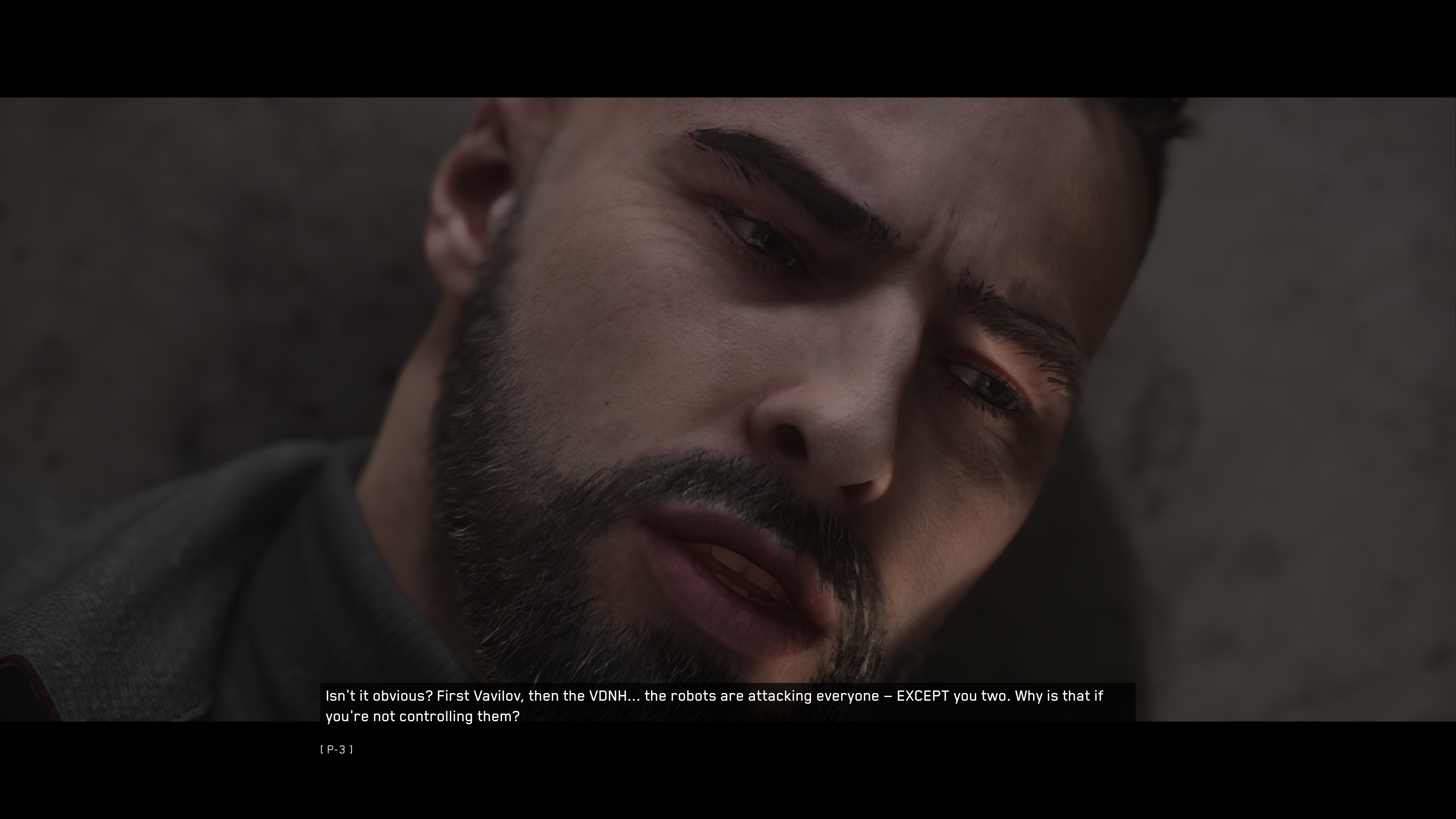 Atomic Heart review - P-3&rsquo;s face looking confused as his glove, Charles, explains things to him