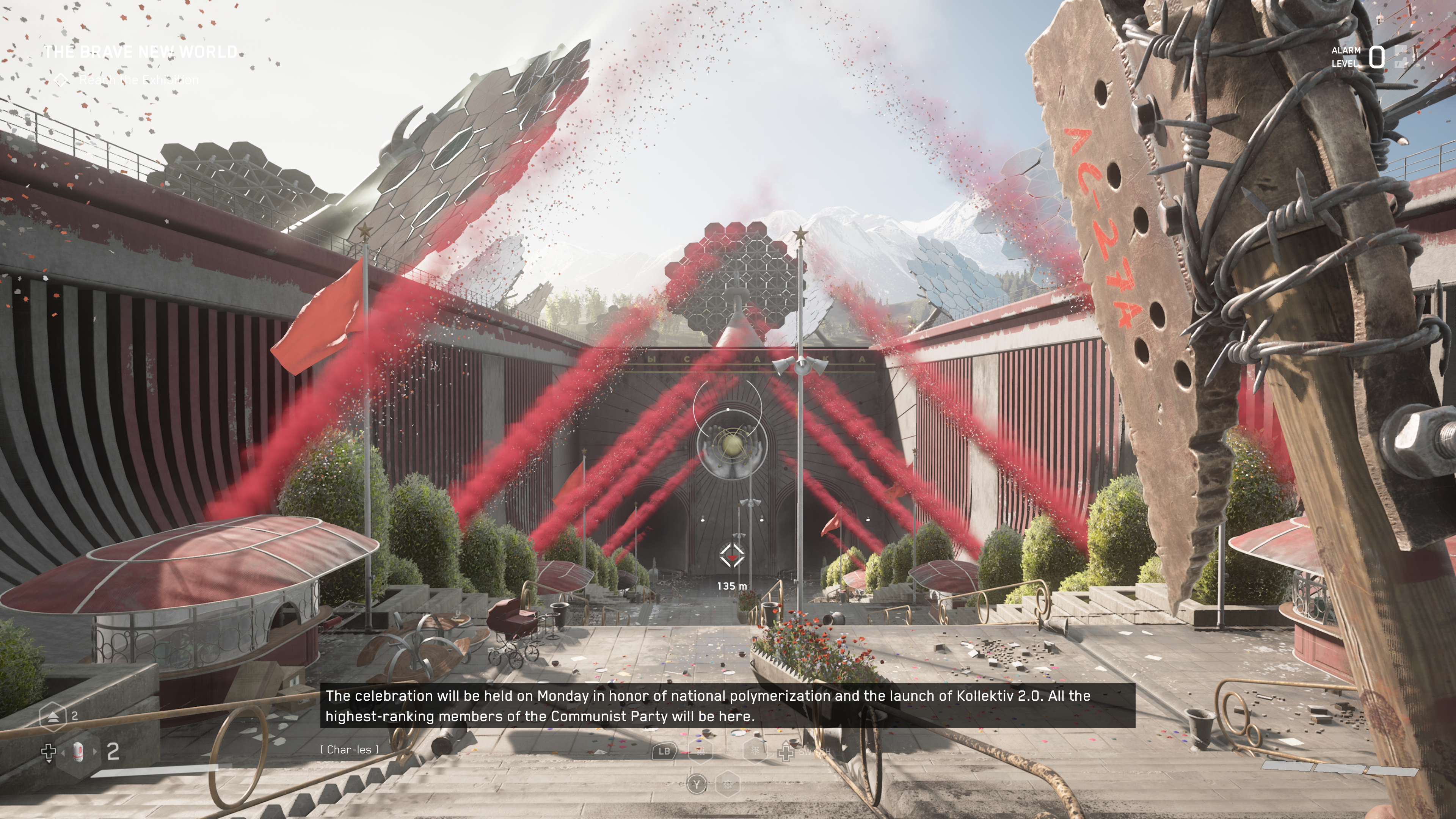 Atomic Heart review - confetti cannons fire as you approach a destroyed facility