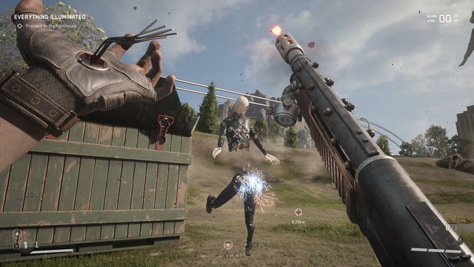 Blasting an android in half with a shotgun in Atomic Heart.