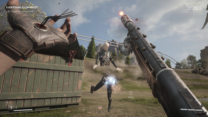 Blasting an android in half with a shotgun in Atomic Heart.