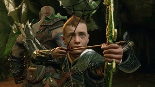 Atreus draws his bow in God of War Ragnarok.