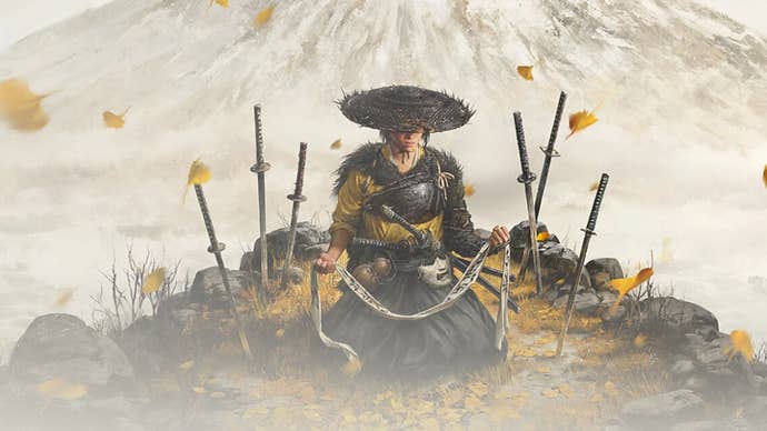 Atsu fica entre as folhas que caiam em fantasmas de Yotei