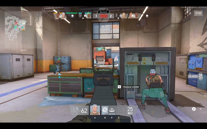 The attacker advances to point A in a narrow corridor. Another player can be seen to the left, while a ghost hides behind a barrier in the foreground.