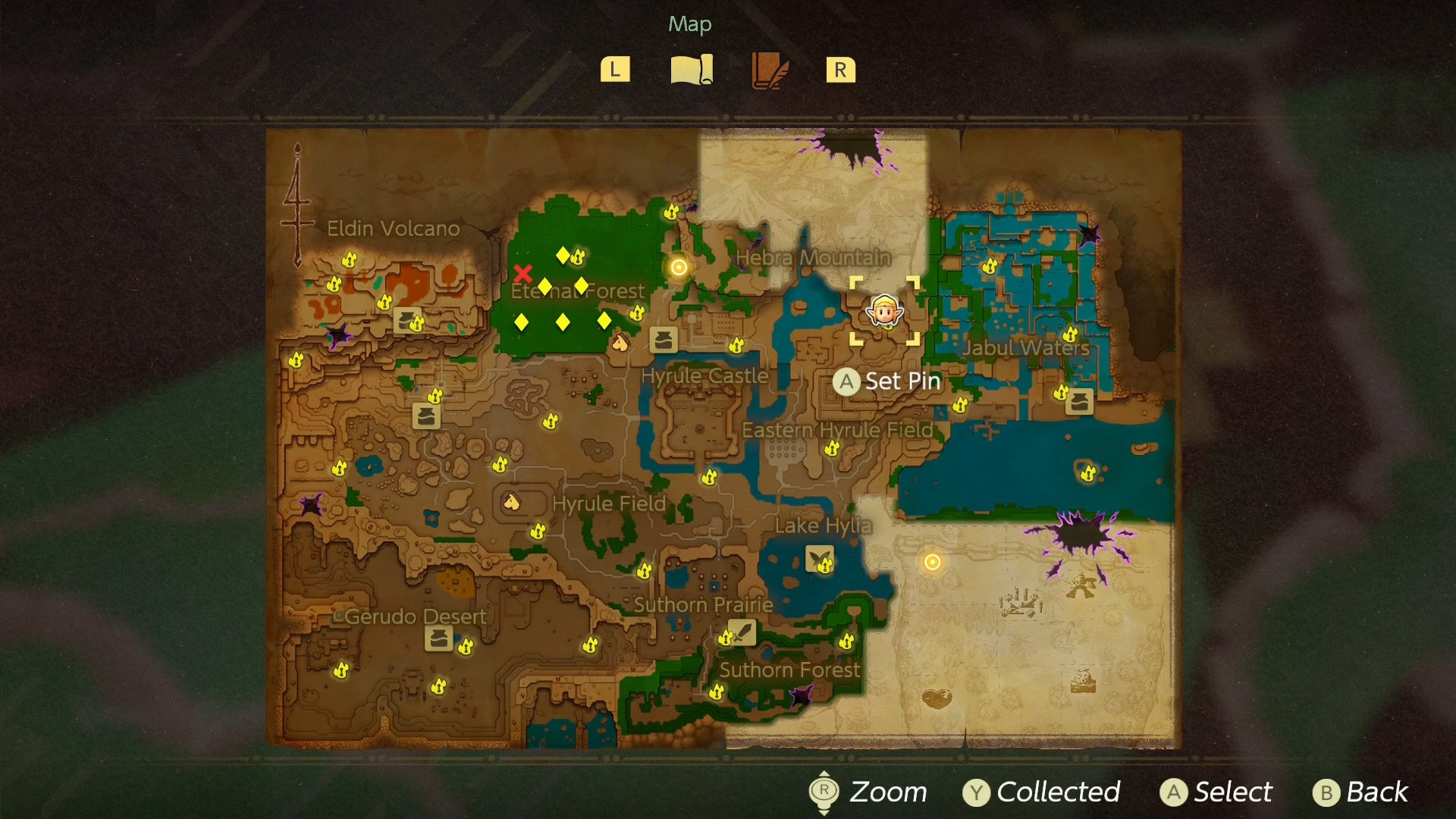 Map on Hyrule in Zelda Echoes of Wisdom, with the Warp point near Dampé&rsquo;s house selected.