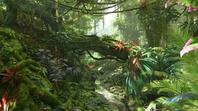 A lush jungle-scape, thick vines and curling roots, in Avatar: Frontiers of Pandora.