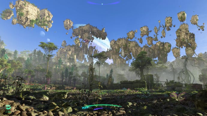 A lush rainforest vista of floating mountains and a moon in Avatar: Frontiers Of Pandora
