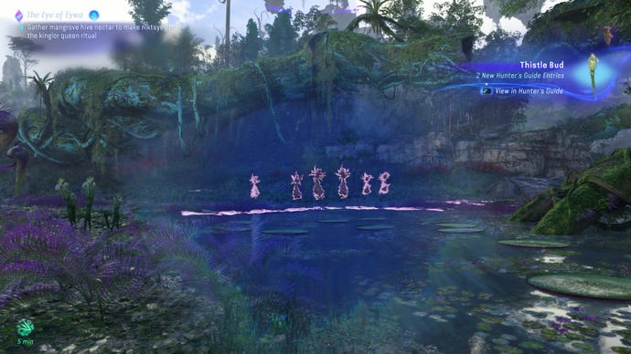 A lake scene with plants highlighted using the player's Na'vi vision in Avatar: Frontiers Of Pandora