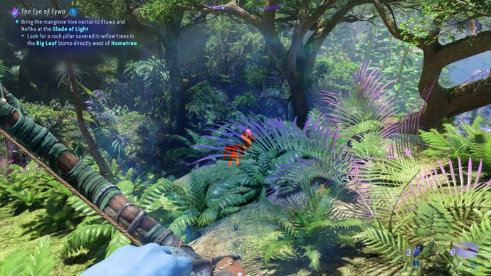 Two mechs are highlighted in red as the player uses their Na'vi vision in Avatar: Frontiers Of Pandora