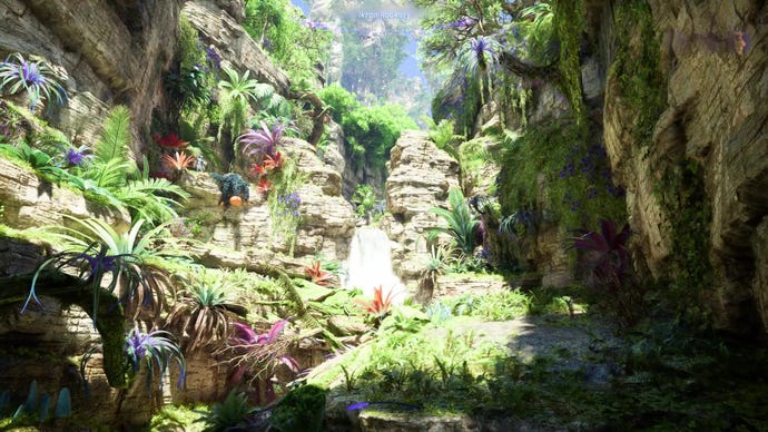 A lush waterfall scene in Avatar: Frontiers Of Pandora