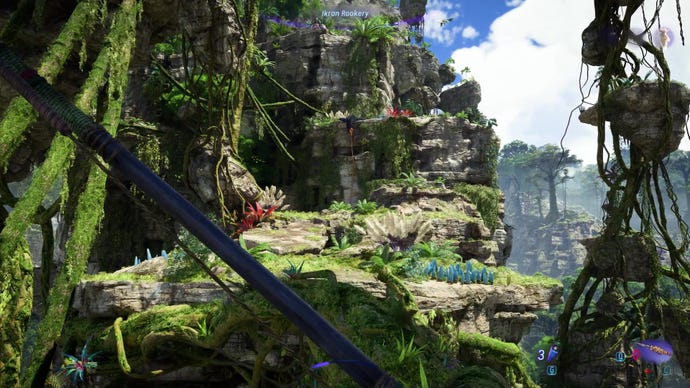 The player climbs a floating mountain in Avatar: Frontiers Of Pandora