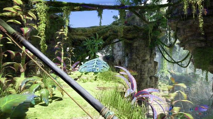 The player approaches a large blue plant leaf in Avatar: Frontiers Of Pandora