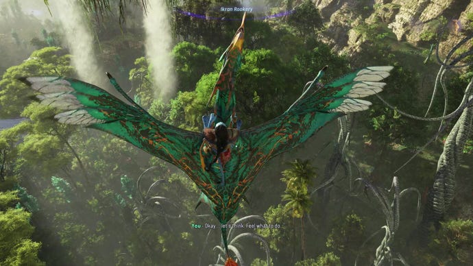 The player flies an ikran over a rainforest in Avatar: Frontiers Of Pandora