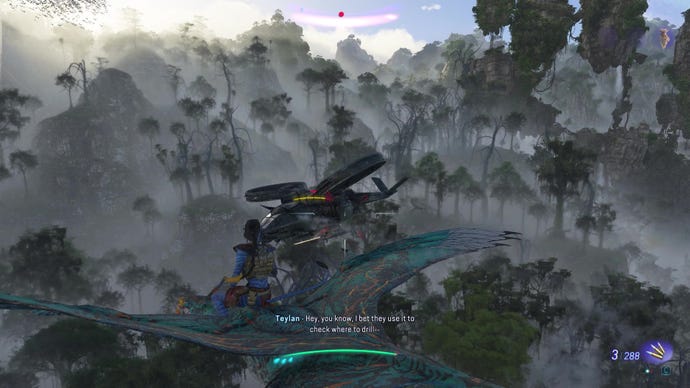 A player attacks a helicopter while riding an ikran above a rainforest  in Avatar: Frontiers Of Pandora