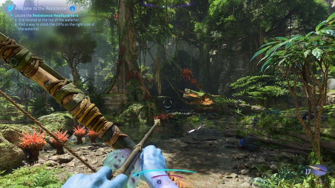Armed with a bow and arrow, the player climbs towards the Resistance Headquarters in Avatar: Frontiers of Pandora.