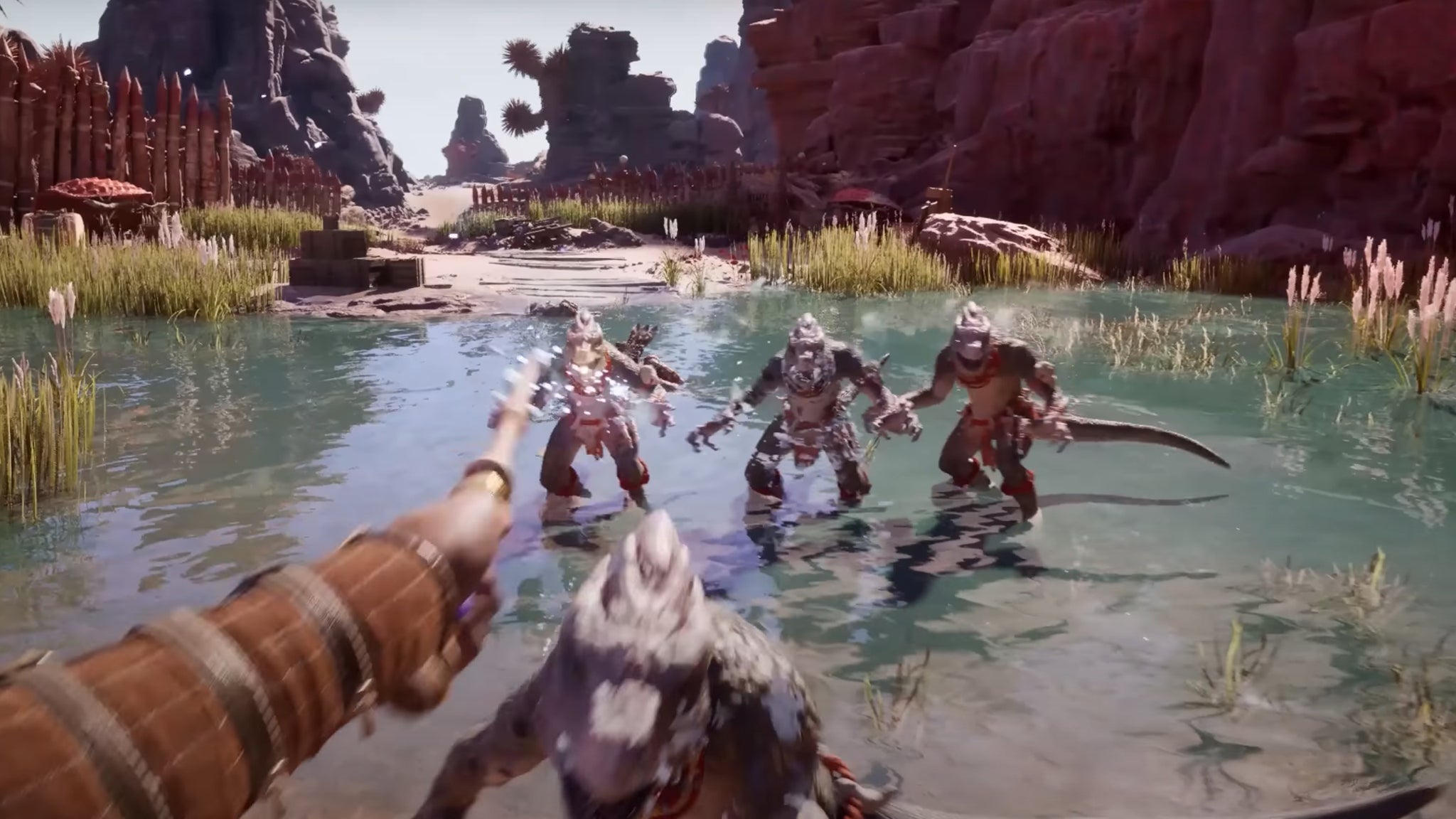 A combat encounter in Avowed, as the player uses a wand against several encroaching lizard foes. - 8