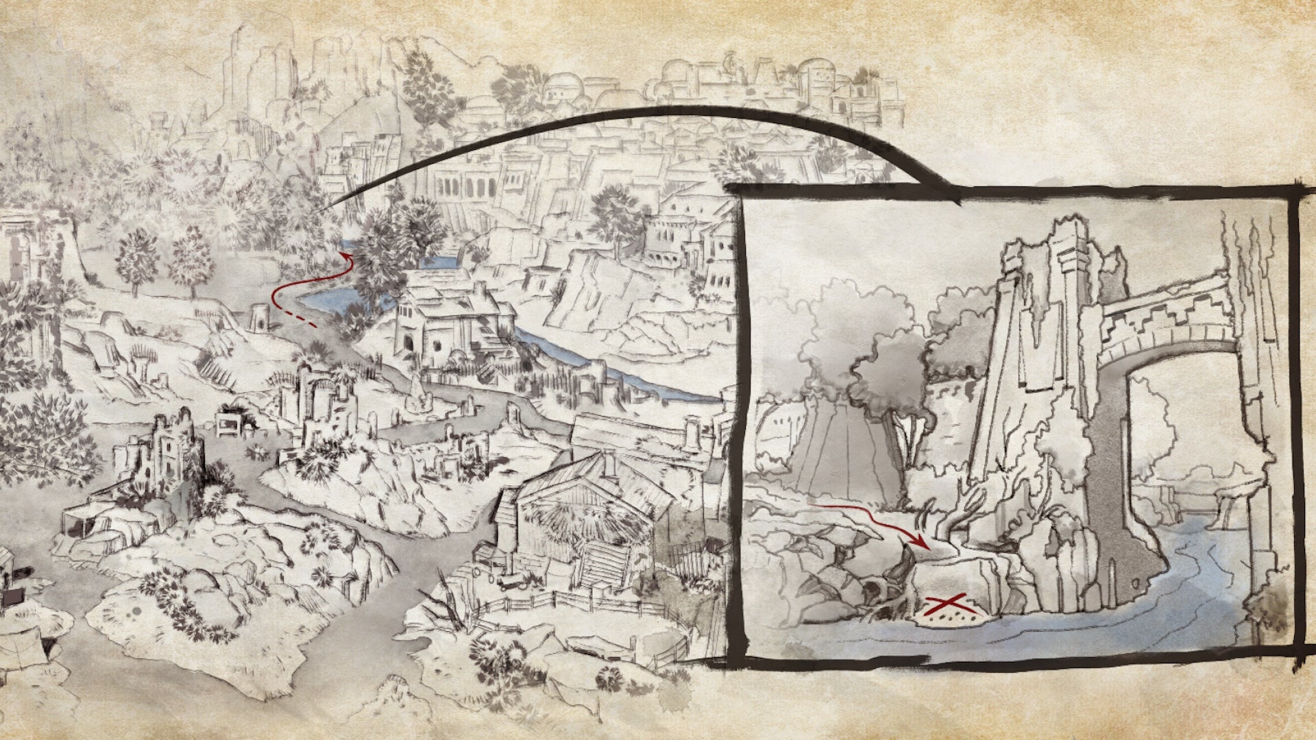 Sketch of Captain Henqua&rsquo;s Spoils treasure location in Avowed.