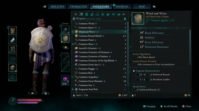 Menu view and stats of the Wind and Wave shield in Avowed.