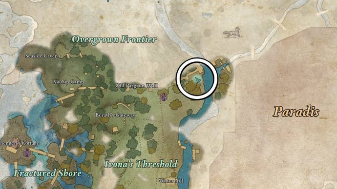 Circled map view of Captain Henqua’s Spoils treasure location in Avowed.